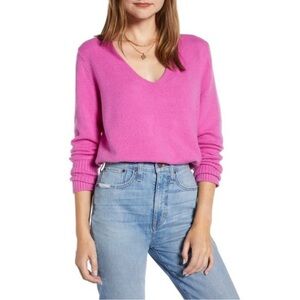 Something Navy Wool V-Neck Long Sleeve Loose Fit Sweater Top Pink Small